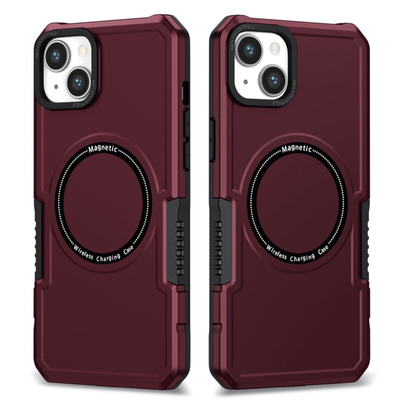 For iPhone 15 Shockproof Armor MagSafe Phone Case(Wine Red)