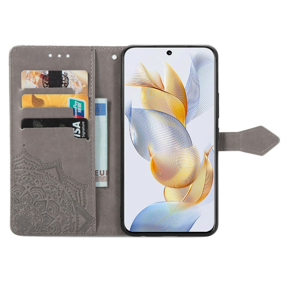 For Honor 90 5G Mandala Flower Embossed Leather Phone Case(Grey)
