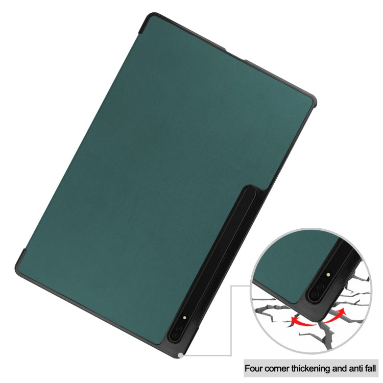 For Samsung Galaxy Tab S10 Ultra / S9 Ultra Custer Pure Color 3-Fold Holder Smart Leather Tablet Case(Dark Green)