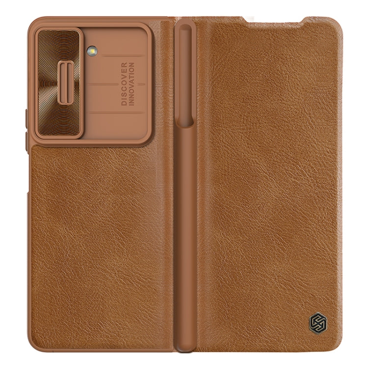 For Samsung Galaxy Z Fold5 NILLKIN QIN Series Pro Sliding Camera Cover Design Leather Phone Case(Brown)