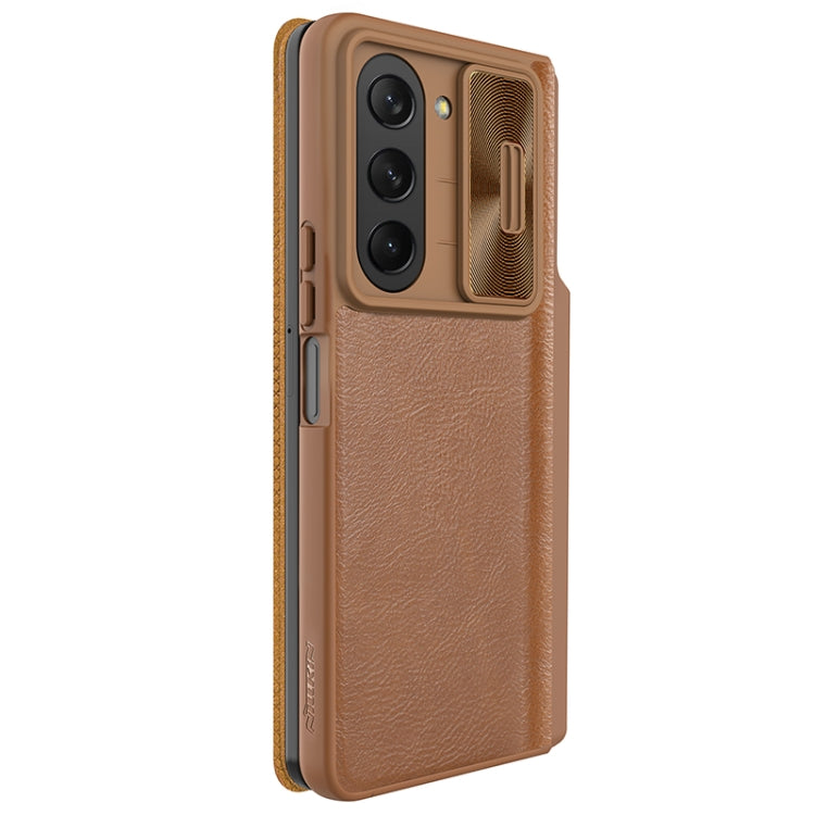 For Samsung Galaxy Z Fold5 NILLKIN QIN Series Pro Sliding Camera Cover Design Leather Phone Case(Brown)