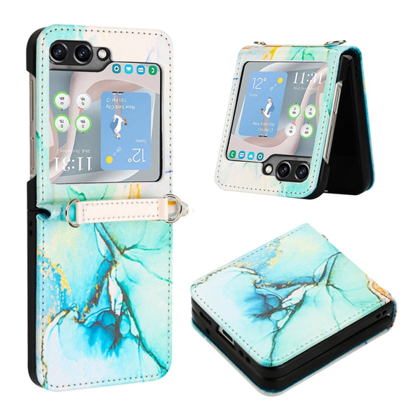 For Samsung Galaxy Z Flip5 PT003 Marble Pattern Flip Leather Phone Case(Green LS003)