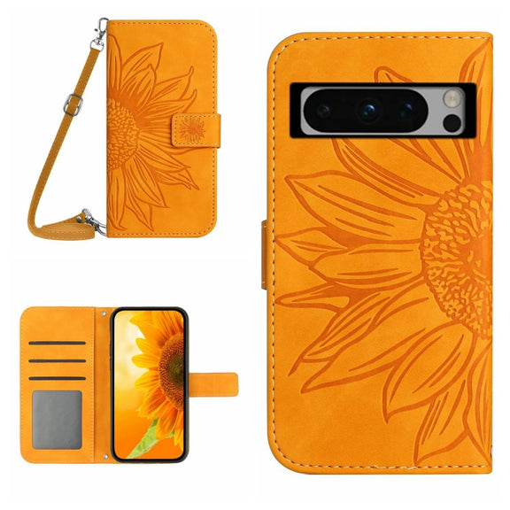 For Google Pixel 8 Pro Skin Feel Sun Flower Embossed Flip Leather Phone Case with Lanyard(Yellow)