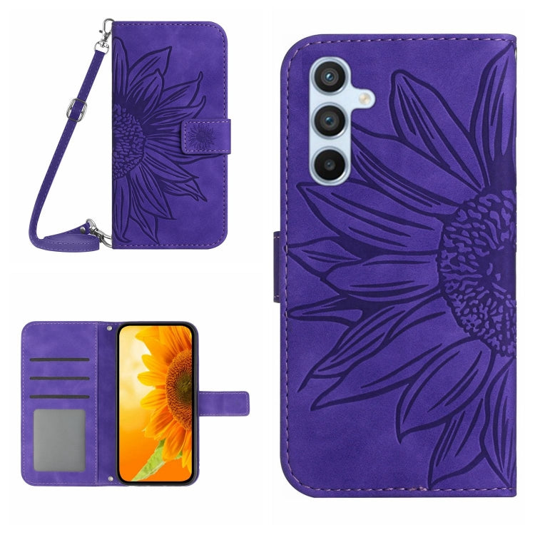 For Samsung Galaxy A25 5G Skin Feel Sun Flower Pattern Flip Leather Phone Case with Lanyard(Dark Purple)