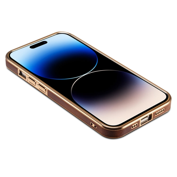 For iPhone 14 Plus Denior Oil Wax Cowhide Plating Phone Case(Brown)