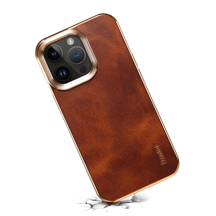 For iPhone 14 Plus Denior Oil Wax Cowhide Plating Phone Case(Brown)