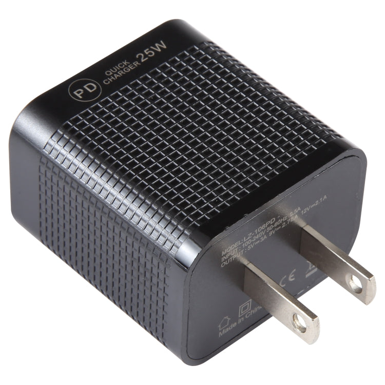 LZ-106PD 25W USB-C / Type-C Ports Plaid Pattern Travel Charger, US Plug(Black)