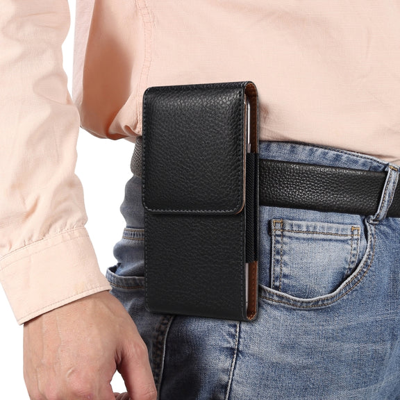 For 6.7-6.9 inch Phone Litchi Texture Iron Clip Back Buckle Waist-mounted Phone Case Vertical Plate(Black)
