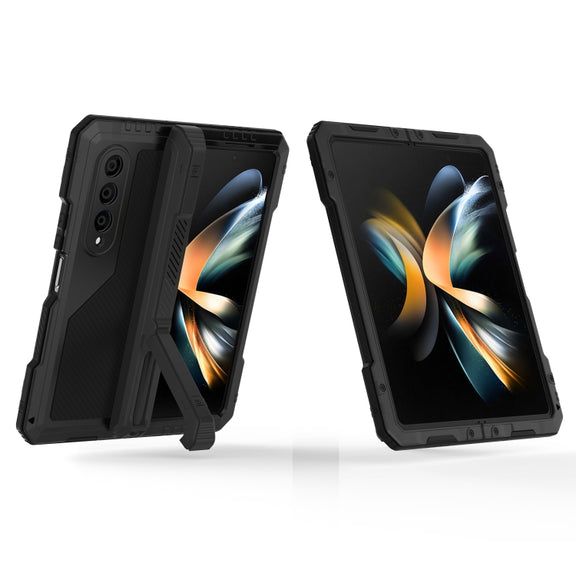 For Samsung Galaxy Z Fold4 LK Metal Shockproof Life Water-resistant Dustproof Phone Case with Folding Holder(Black)