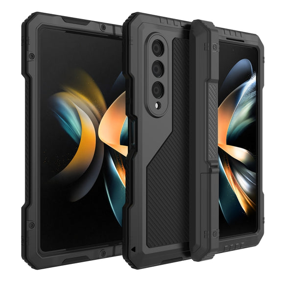 For Samsung Galaxy Z Fold4 LK Metal Shockproof Life Water-resistant Dustproof Phone Case with Folding Holder(Black)