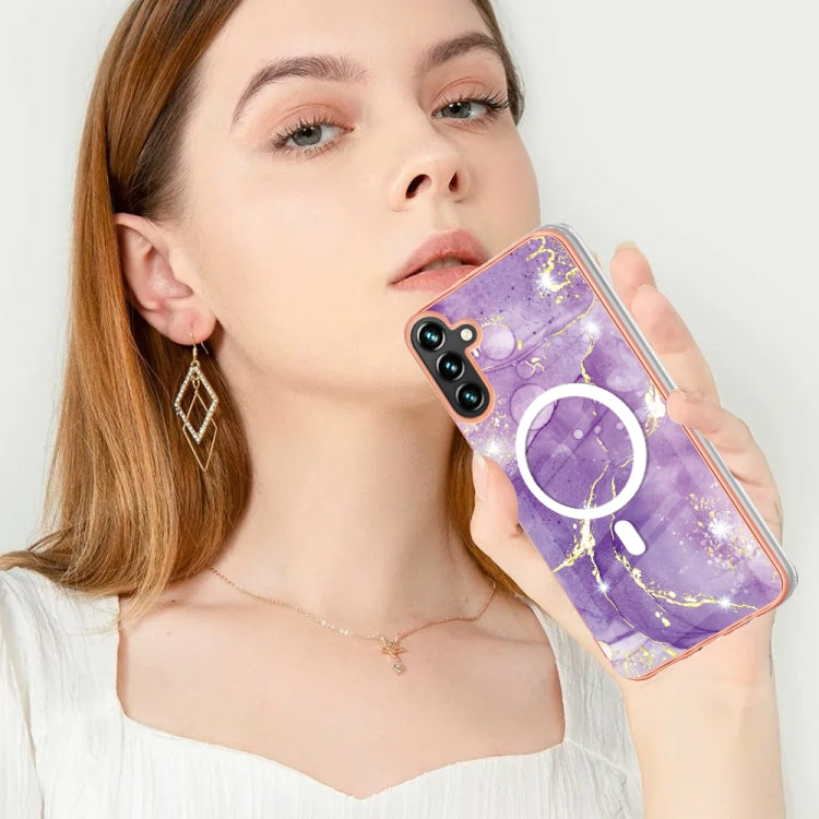 For Samsung Galaxy A34 5G Marble Pattern Dual-side IMD Magsafe TPU Phone Case(Purple 002)