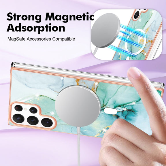 For Samsung Galaxy S22 Ultra 5G Marble Pattern Dual-side IMD Magsafe TPU Phone Case(Green 003)