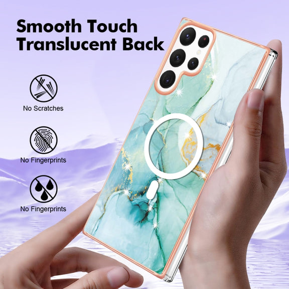 For Samsung Galaxy S22 Ultra 5G Marble Pattern Dual-side IMD Magsafe TPU Phone Case(Green 003)