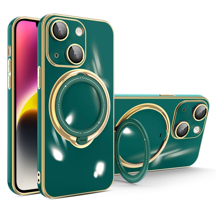 For iPhone 14 Plus Multifunction Electroplating MagSafe Holder Phone Case(Dark Green)