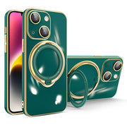 For iPhone 14 Plus Multifunction Electroplating MagSafe Holder Phone Case(Dark Green)