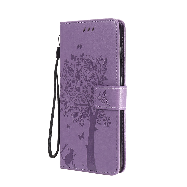 For Samsung Galaxy A31 Tree & Cat Embossed Pattern Horizontal Flip Leather Case with Holder & Card Slots & Wallet & Lanyard(Light Purple)