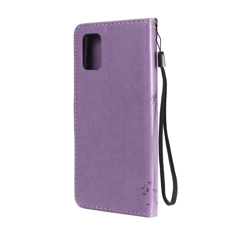 For Samsung Galaxy A31 Tree & Cat Embossed Pattern Horizontal Flip Leather Case with Holder & Card Slots & Wallet & Lanyard(Light Purple)
