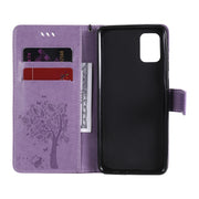 For Samsung Galaxy A31 Tree & Cat Embossed Pattern Horizontal Flip Leather Case with Holder & Card Slots & Wallet & Lanyard(Light Purple)