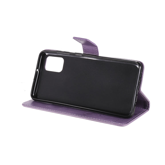 For Samsung Galaxy A31 Tree & Cat Embossed Pattern Horizontal Flip Leather Case with Holder & Card Slots & Wallet & Lanyard(Light Purple)