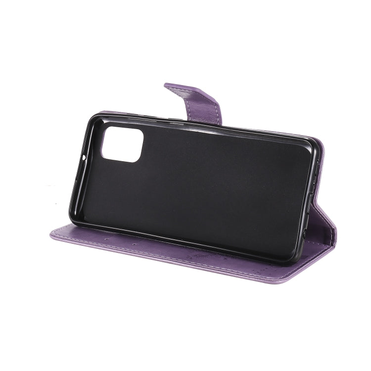 For Samsung Galaxy A31 Tree & Cat Embossed Pattern Horizontal Flip Leather Case with Holder & Card Slots & Wallet & Lanyard(Light Purple)