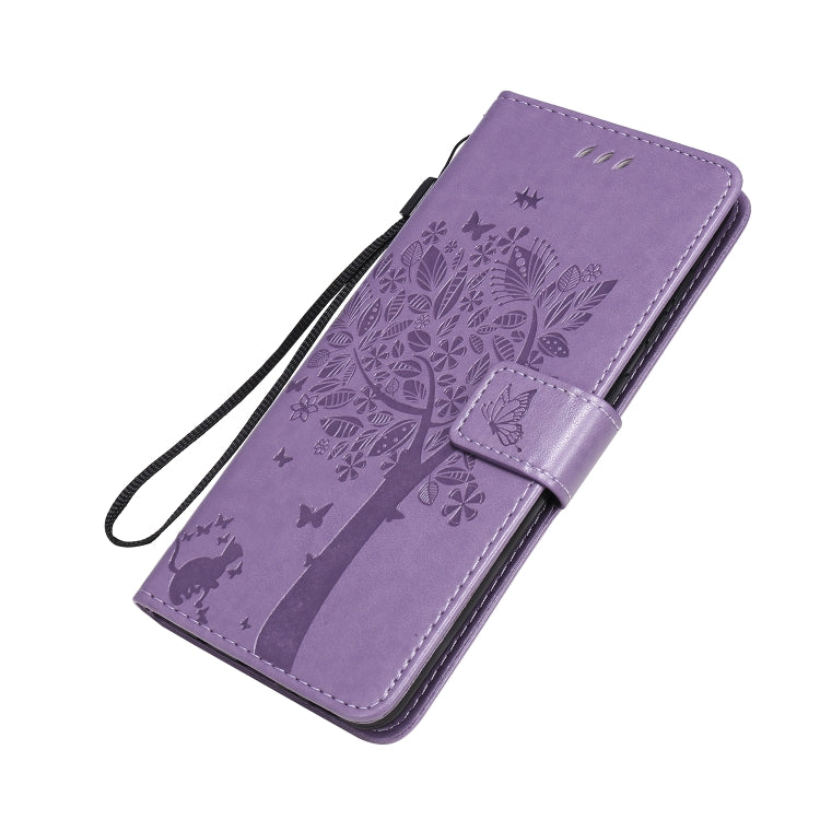 For Samsung Galaxy A31 Tree & Cat Embossed Pattern Horizontal Flip Leather Case with Holder & Card Slots & Wallet & Lanyard(Light Purple)