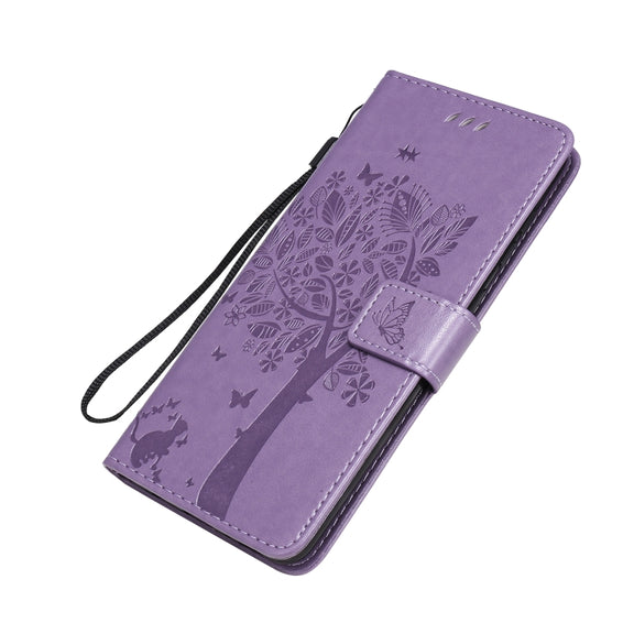 For Samsung Galaxy A31 Tree & Cat Embossed Pattern Horizontal Flip Leather Case with Holder & Card Slots & Wallet & Lanyard(Light Purple)