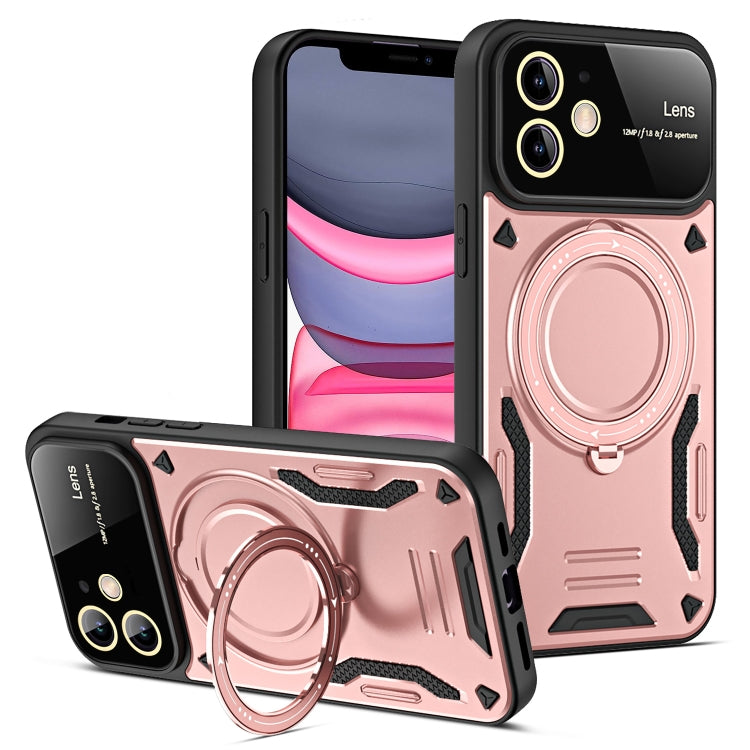For iPhone 11 Large Window MagSafe Holder Phone Case(Rose Gold)