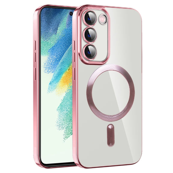 For Samsung Galaxy S21 FE 5G CD Texture Plating TPU MagSafe Phone Case with Lens Film(Pink)
