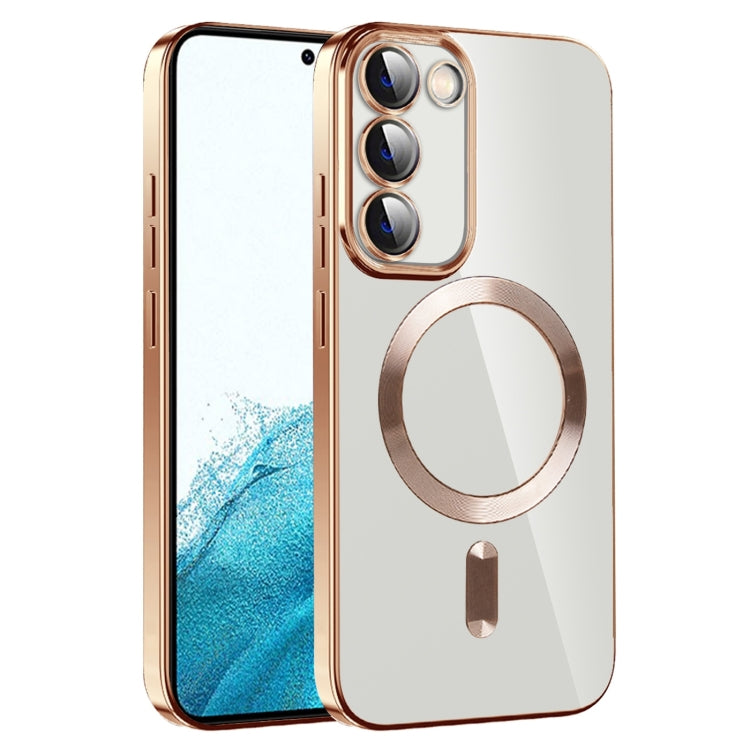 For Samsung Galaxy S22 5G CD Texture Plating TPU MagSafe Phone Case with Lens Film(Brown)