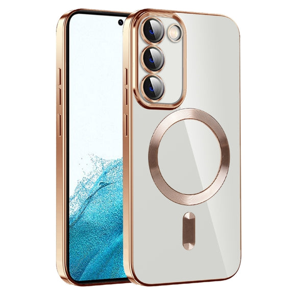 For Samsung Galaxy S22 5G CD Texture Plating TPU MagSafe Phone Case with Lens Film(Brown)
