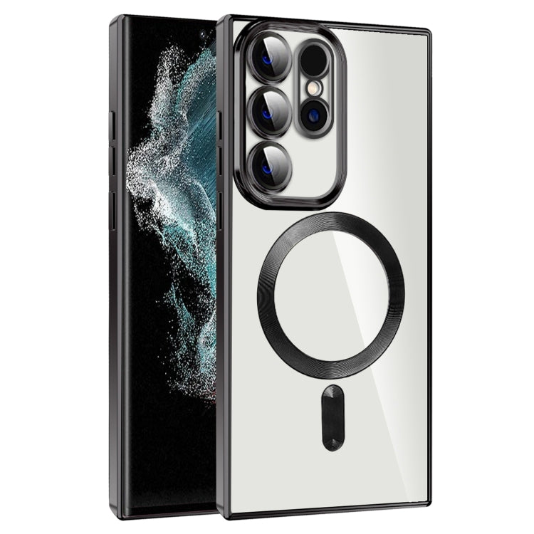 For Samsung Galaxy S22 Ultra 5G CD Texture Plating TPU MagSafe Phone Case with Lens Film(Black)