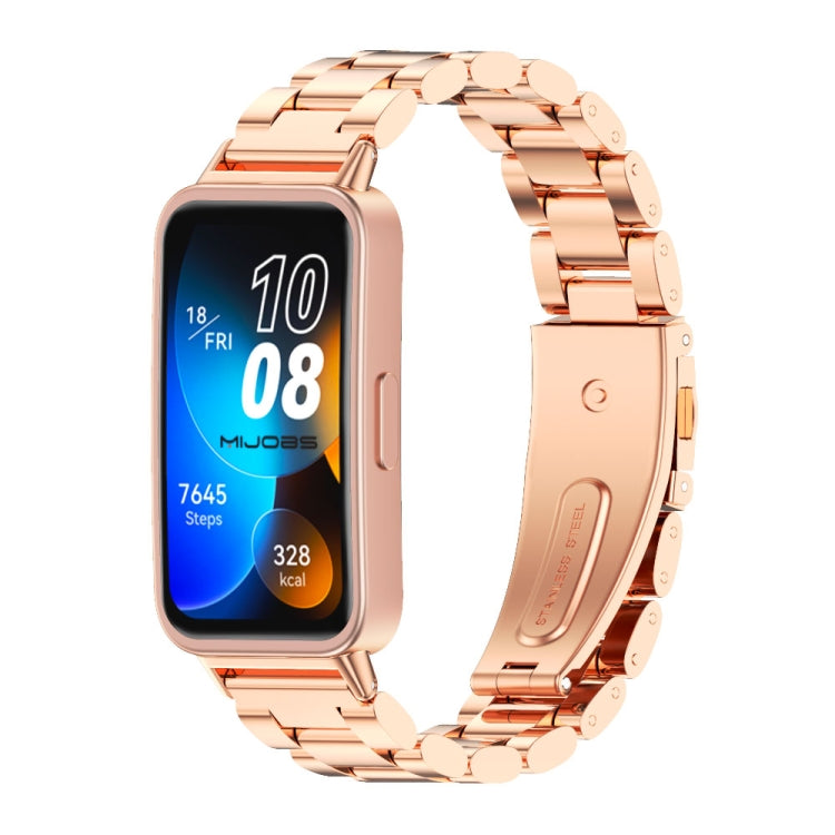 For Huawei Band 8 / 9 / 10 Mijobs Three Bead Bamboo Stainless Steel Watch Band(Rose Gold)