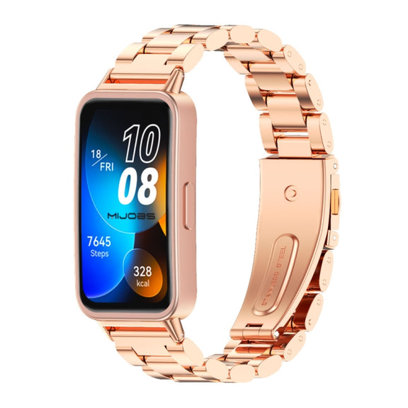 For Huawei Band 8 / 9 / 10 Mijobs Three Bead Bamboo Stainless Steel Watch Band(Rose Gold)