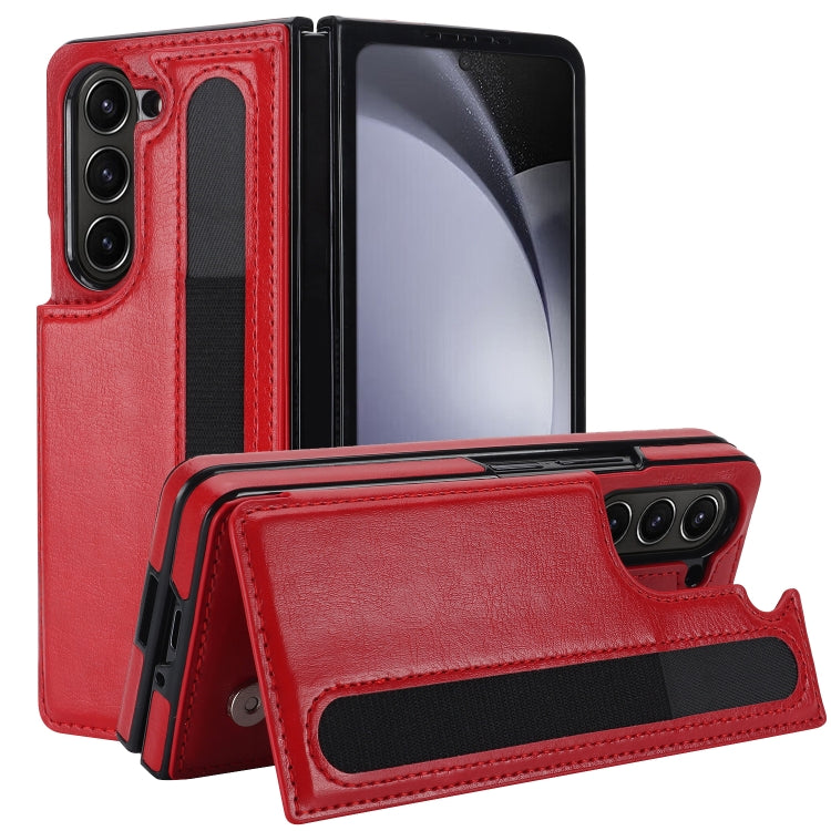 For Samsung Galaxy Z Fold5 Full Coverage Fold Double Buckle PU Phone Case with Pen Slots(Red)