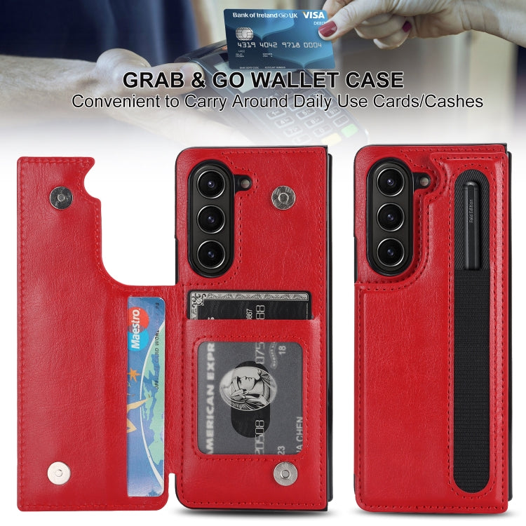 For Samsung Galaxy Z Fold5 Full Coverage Fold Double Buckle PU Phone Case with Pen Slots(Red)