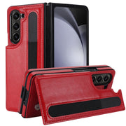 For Samsung Galaxy Z Fold5 Full Coverage Fold Double Buckle PU Phone Case with Pen Slots(Red)
