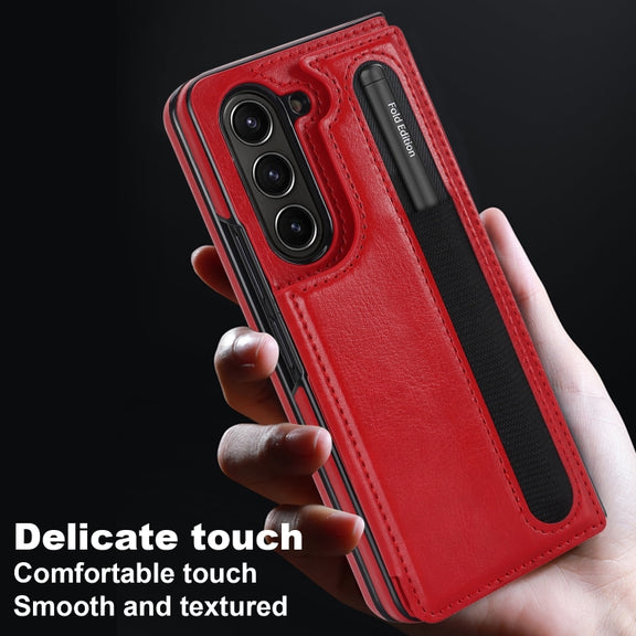 For Samsung Galaxy Z Fold5 Full Coverage Fold Double Buckle PU Phone Case with Pen Slots(Red)