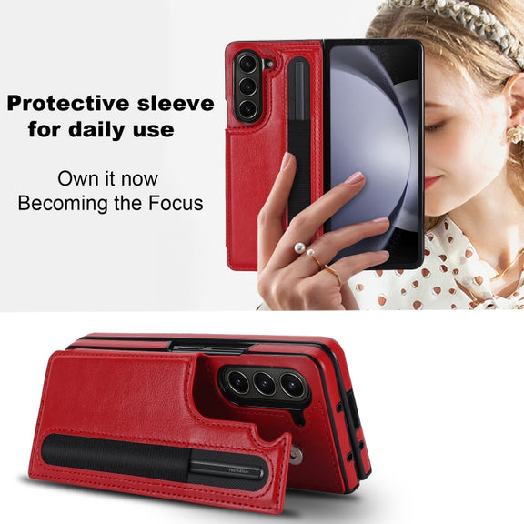 For Samsung Galaxy Z Fold5 Full Coverage Fold Double Buckle PU Phone Case with Pen Slots(Red)