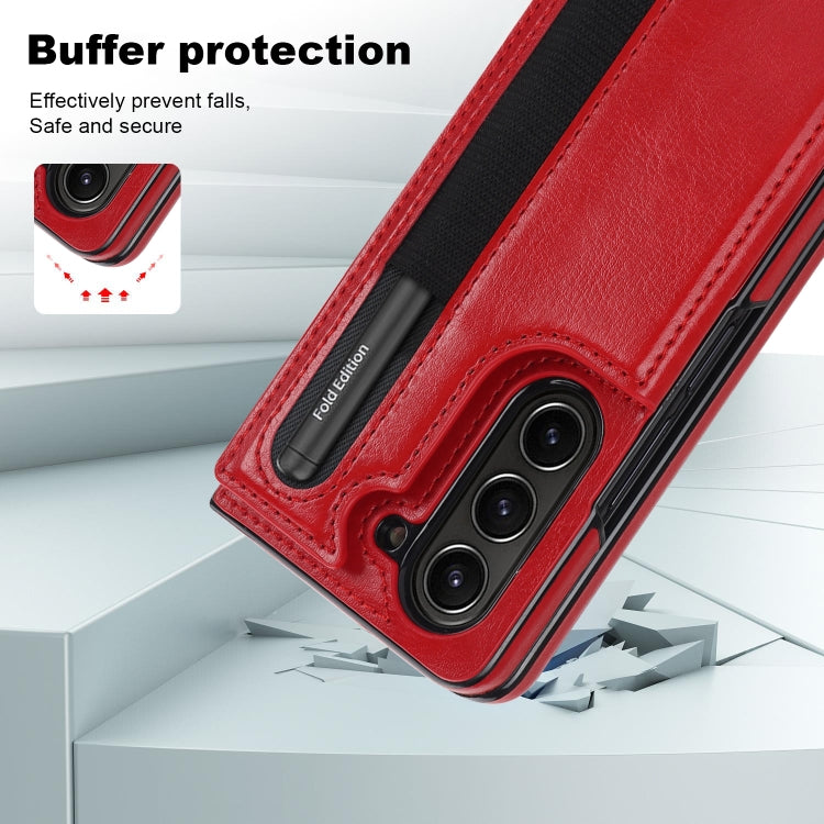 For Samsung Galaxy Z Fold5 Full Coverage Fold Double Buckle PU Phone Case with Pen Slots(Red)