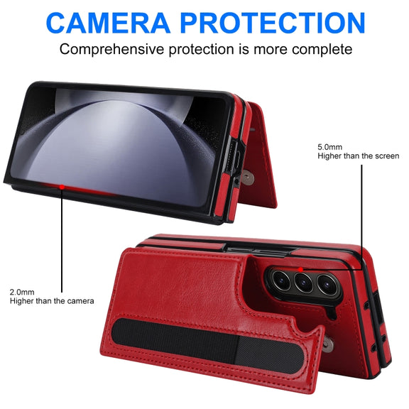 For Samsung Galaxy Z Fold5 Full Coverage Fold Double Buckle PU Phone Case with Pen Slots(Red)