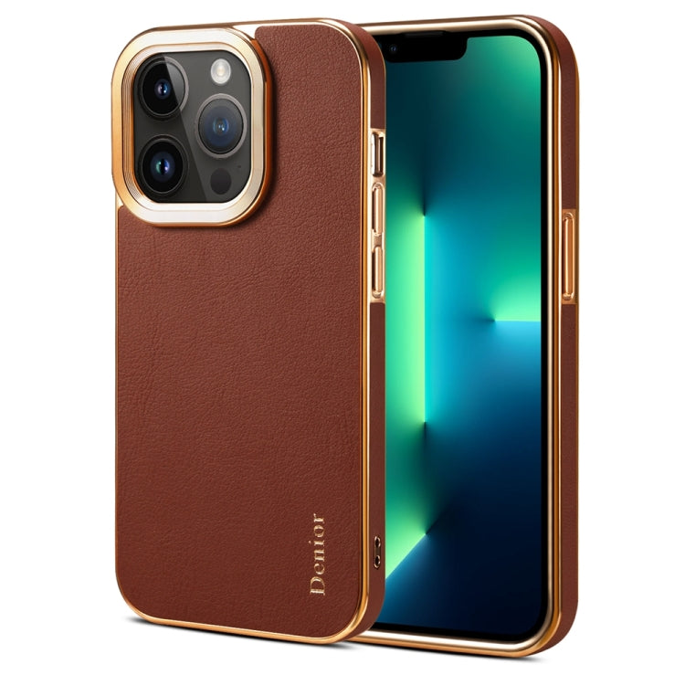 For iPhone 13 Pro Max Denior Cowhide Leather Plating Phone Case(Brown)