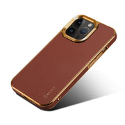For iPhone 13 Pro Max Denior Cowhide Leather Plating Phone Case(Brown)