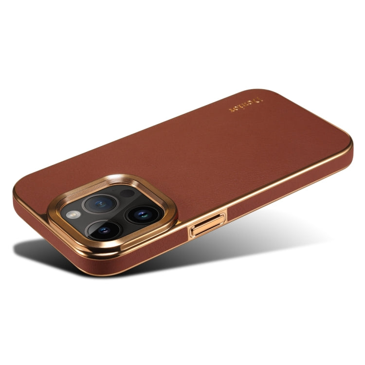 For iPhone 13 Pro Max Denior Cowhide Leather Plating Phone Case(Brown)