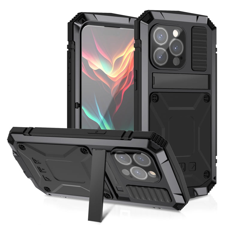 For iPhone 15 Pro Max R-JUST Shockproof Life Water-resistant Dust-proof Metal + Silicone Phone Case with Holder(Black)