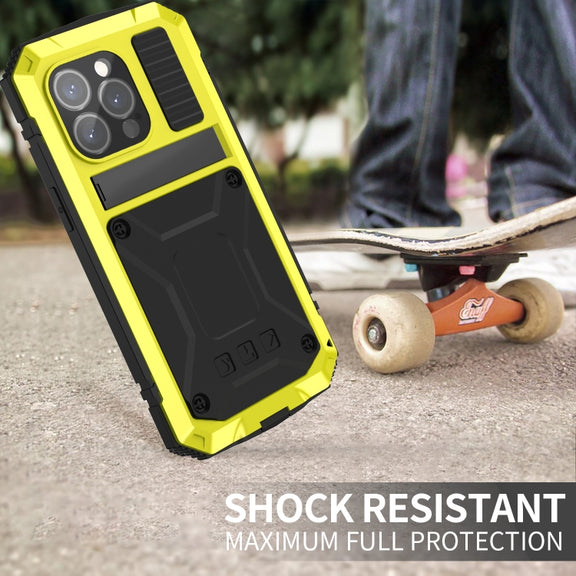 For iPhone 15 Pro Max R-JUST Shockproof Life Water-resistant Dust-proof Metal + Silicone Phone Case with Holder(Yellow)