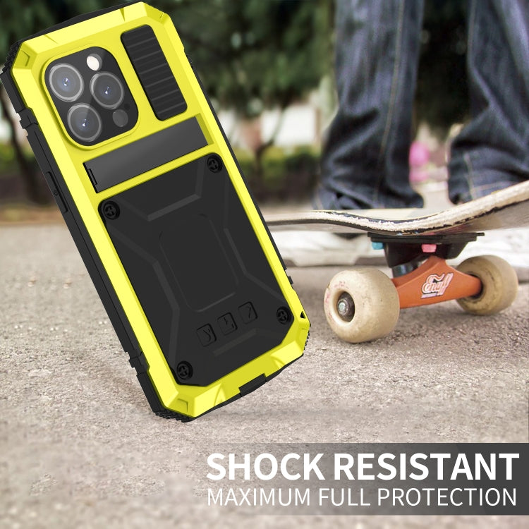 For iPhone 15 Pro Max R-JUST Shockproof Life Water-resistant Dust-proof Metal + Silicone Phone Case with Holder(Yellow)