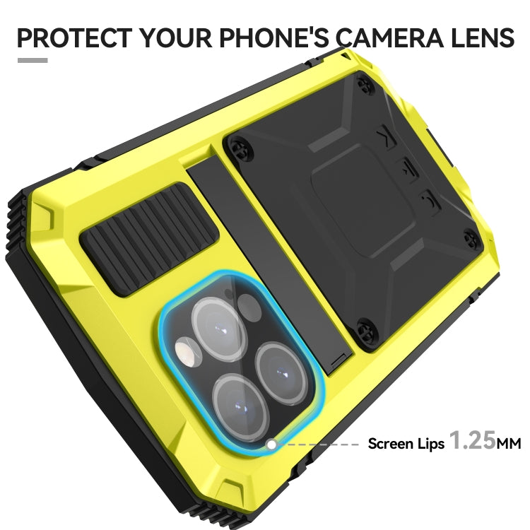 For iPhone 15 Pro Max R-JUST Shockproof Life Water-resistant Dust-proof Metal + Silicone Phone Case with Holder(Yellow)