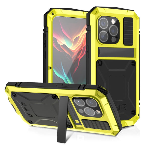 For iPhone 15 Pro Max R-JUST Shockproof Life Water-resistant Dust-proof Metal + Silicone Phone Case with Holder(Yellow)
