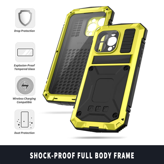 For iPhone 15 Pro Max R-JUST Shockproof Life Water-resistant Dust-proof Metal + Silicone Phone Case with Holder(Yellow)