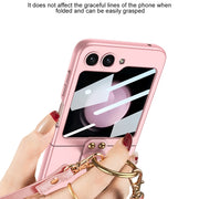 For Samsung Galaxy Z Flip5 GKK Ultra-thin PC Full Coverage Ring Holder Phone Case with Strap(Dark Green)